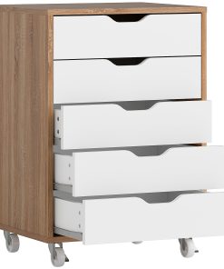 Five-Drawer Filing Cabinet, with Wheels - Oak Brown