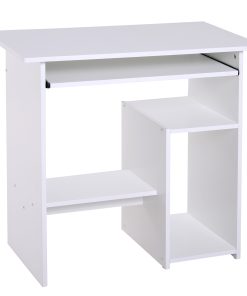 Compact Small Computer Table Wooden Desk Keyboard Tray Storage Shelf Modern Corner Table Home Office White