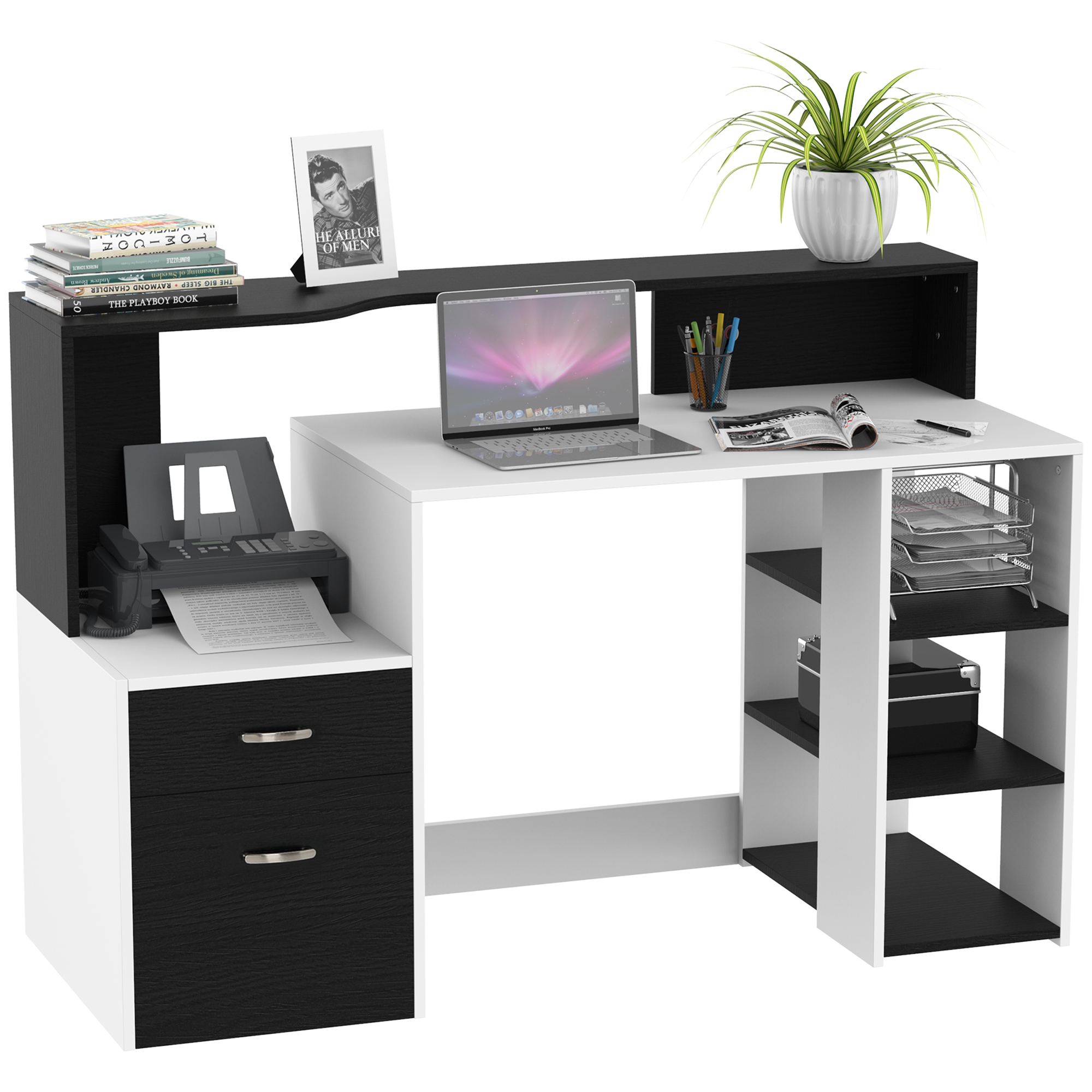 Computer Desk with Drawers and Storage Shelves, Reception Desk, Study Workstation for Home Office, 137 x 55 x 92cm, Black and White