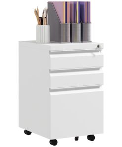 3-Drawer Mobile Filing Cabinet with Pencil Tray, Steel Lockable Under Desk Drawers for Letter, A4 and Legal Size, Pre-Assembled Body, White