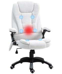 Massage Recliner Chair Heated Office Chair with Six Massage Points Linen-Feel Fabric 360° Swivel Wheels Cream White