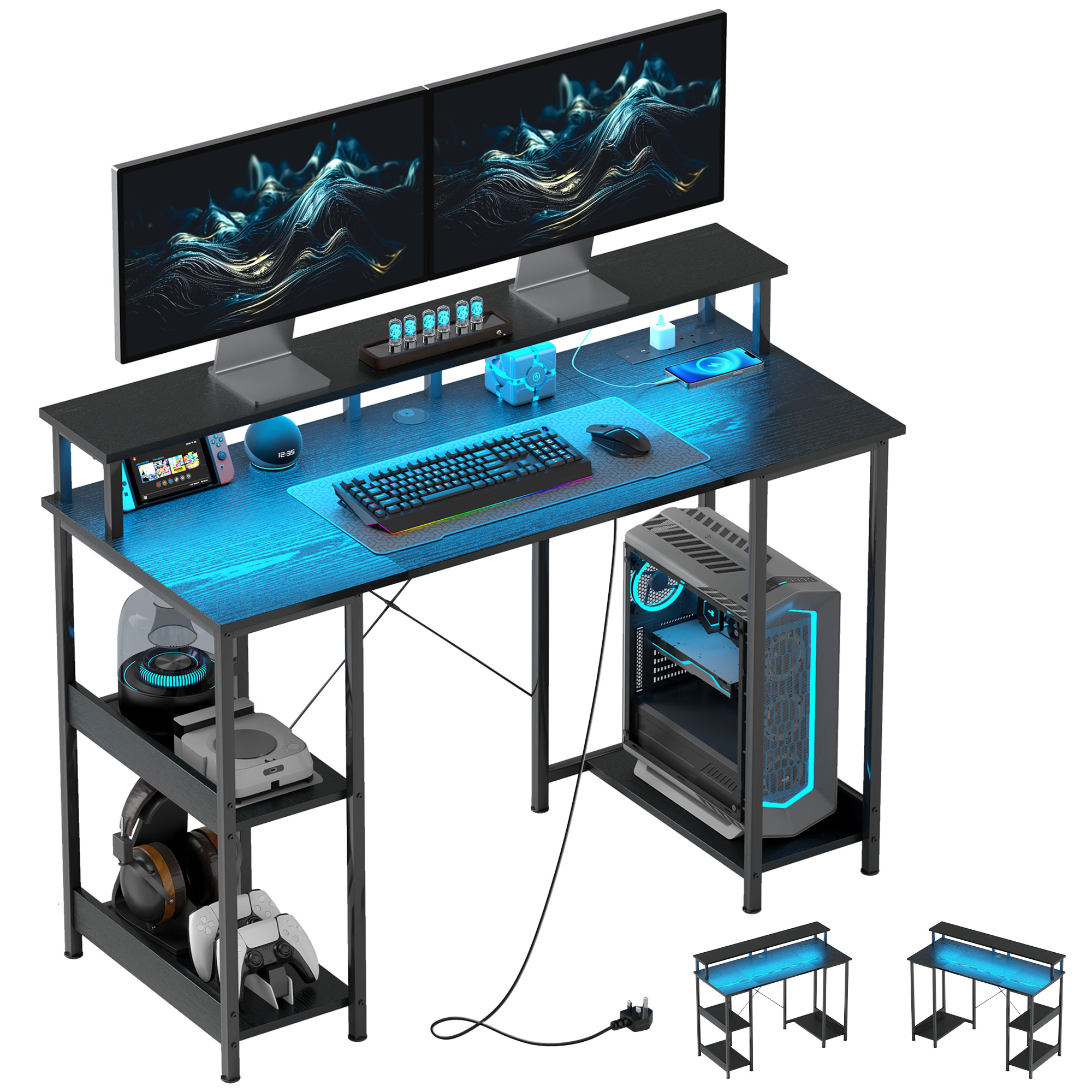 Computer Desk with Power Outlets and LED Lights, 120 x 50cm Reversible Home Office Desk with Monitor Stand and 2-Tier Storage Shelves, Gaming Desk with Cable Management, Black