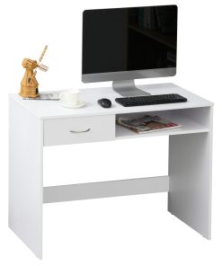 Compact Computer Desk, Study Table with Drawer and Storage Compartment, Writing Workstation, White