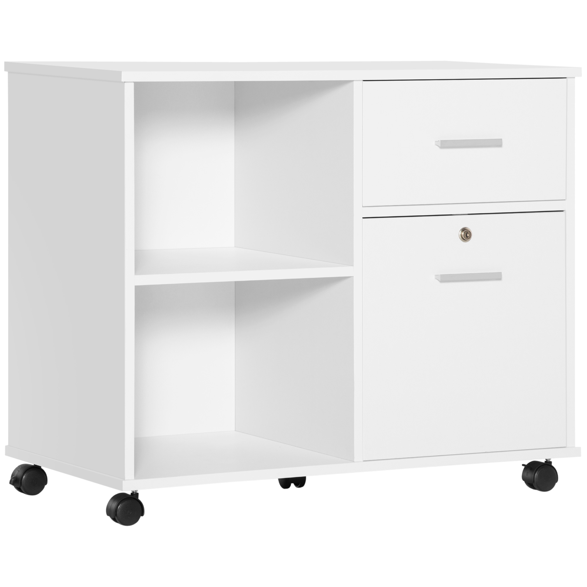 Filing Cabinet with Wheels, Mobile Printer Stand with Open Shelves and Lockable Drawer for A4 Size Documents, White