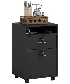60cm Filing Cabinet with Drawer, Open Shelf, Metal Handles and 4 Wheels, Office Home Organiser Mobile Printer with Two Locks, Black