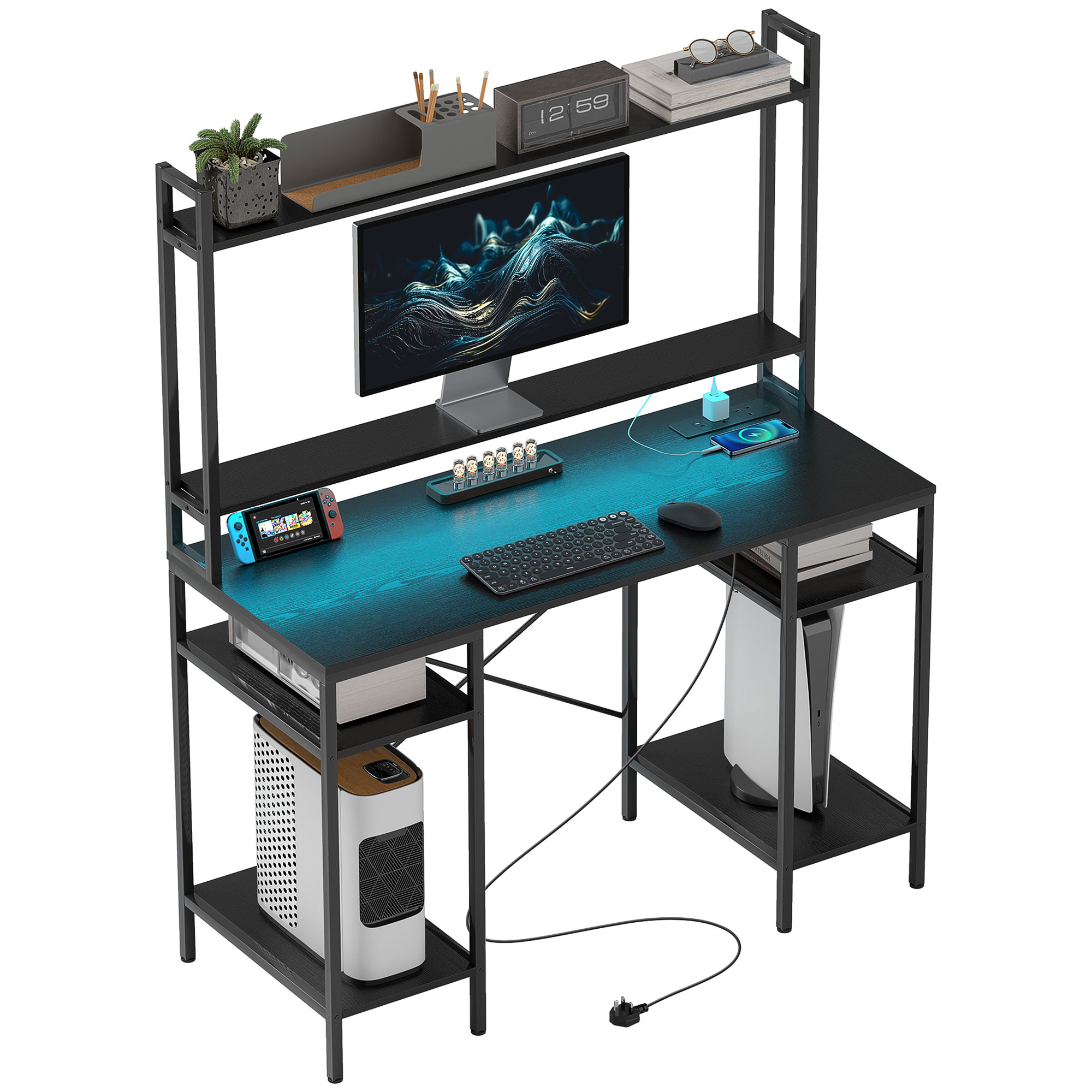 Computer Desk with Power Outlets and LED Lights, Home Office Desk with Monitor Stand and 2 CPU Stands, Study Table Gaming Desk with Hutch, Black