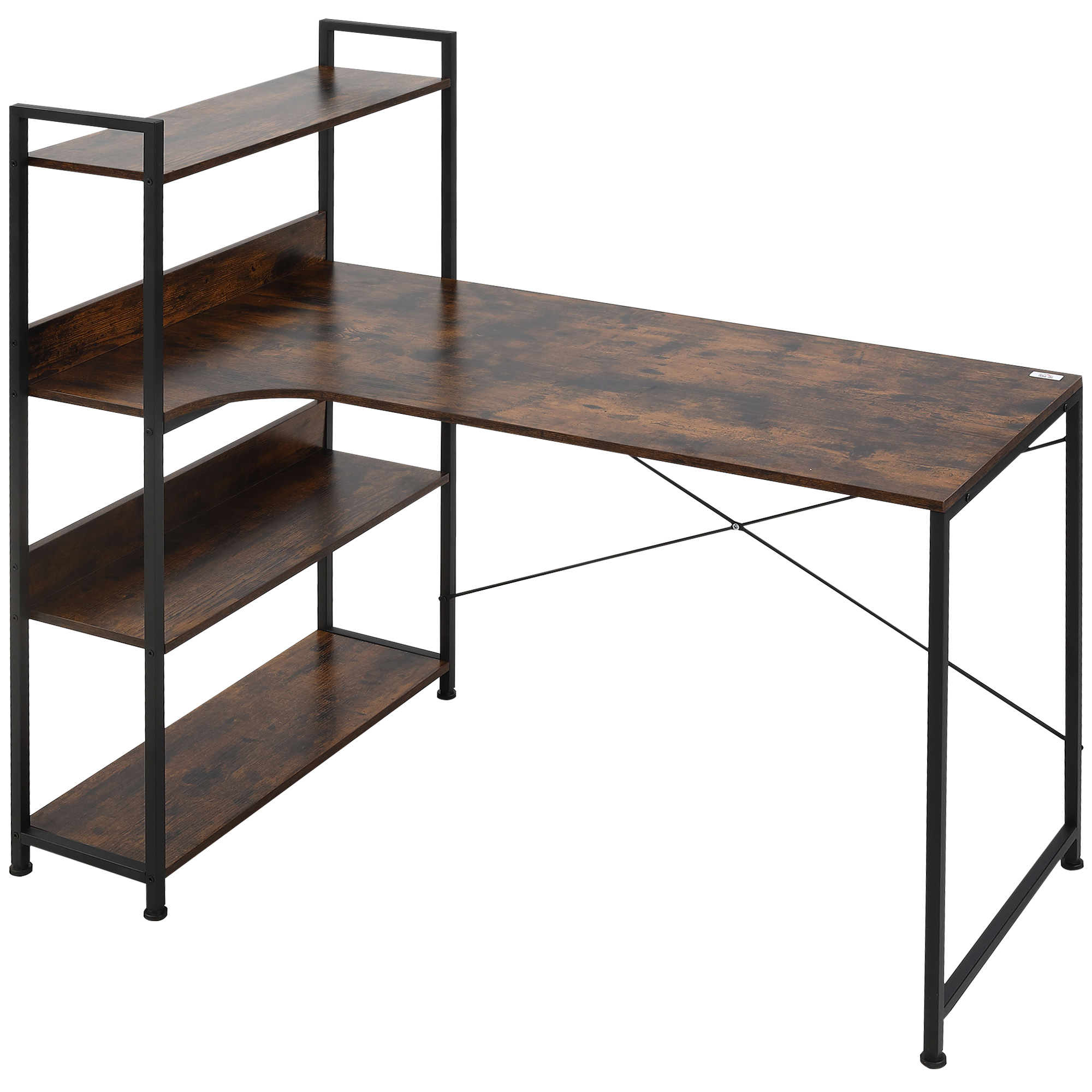 Computer Desk with 4-Tier Storage Shelf, Study Table, Home Office Desk with Bookshelf and Metal Frame, 120 x 70 x 120cm, Brown