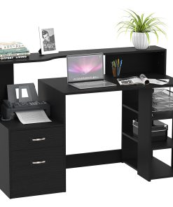Computer Desk with Drawers and Storage Shelves, Reception Desk, Study Workstation for Home Office, 137 x 55 x 92cm, Black