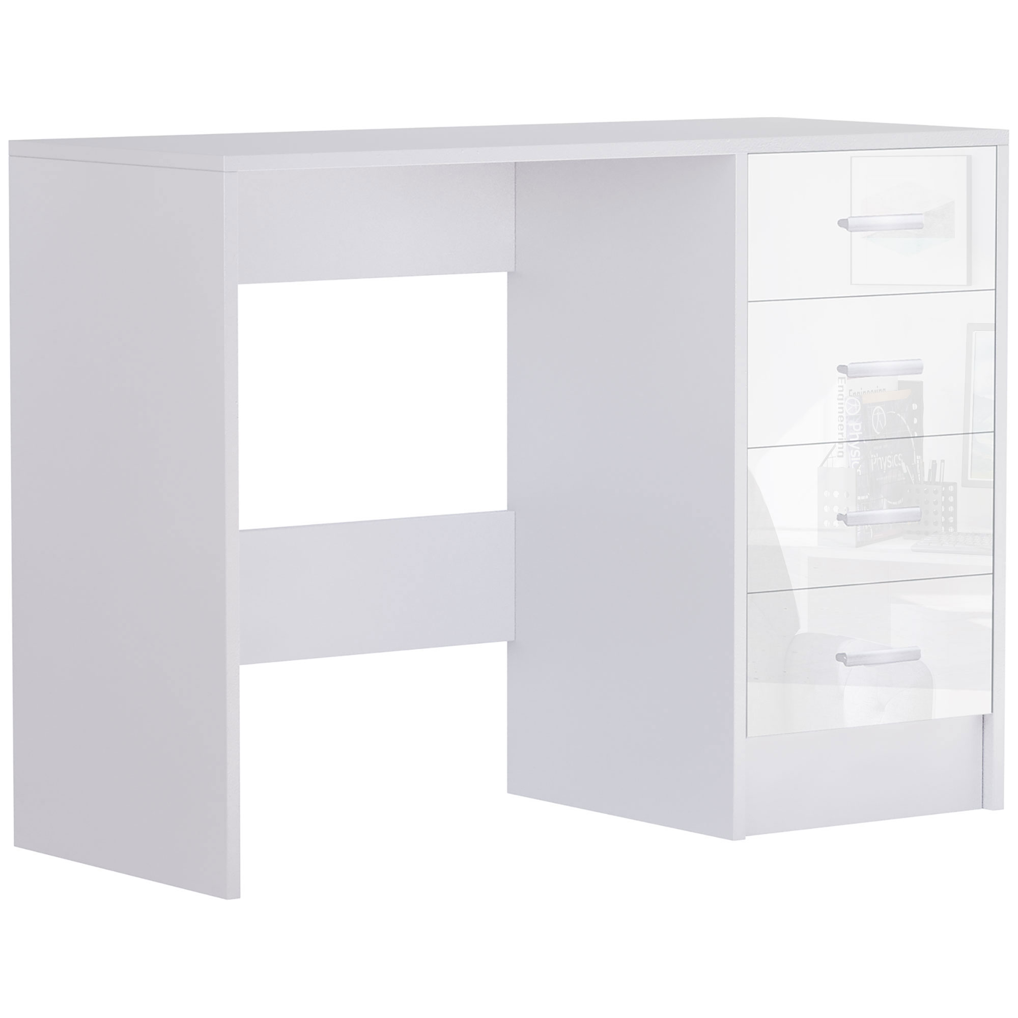 Computer Desk with Drawers, Dressing Table, High Gloss Home Office Writing Workstation, White