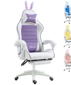Racing Gaming Chair, Reclining PU Leather Computer Chair with Removable Rabbit Ears, Footrest, Headrest and Lumber Support, Purple