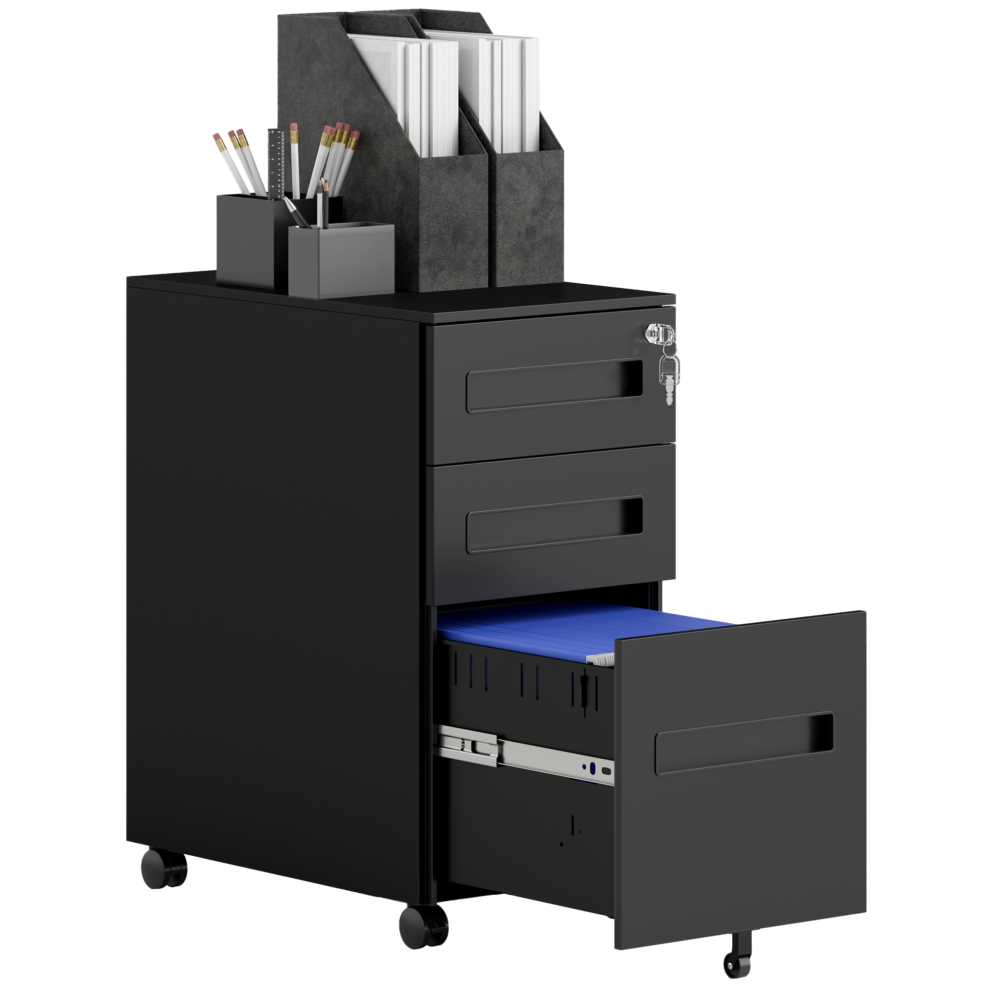 Metal Mobile File Cabinet with Wheels, Lockable 3 Drawer Filing Cabinet for A4, Legal, Letter, Under Desk Office Cabinet with Pre-Assembled Body for Home Office, 30 x 43.5 x 60 cm, Black