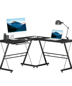 L Shaped Gaming Desk, Corner Computer Desk with Keyboard Tray, Work Table for Home Office, Study Workstation, 130 x 130 x 73.5cm, Black