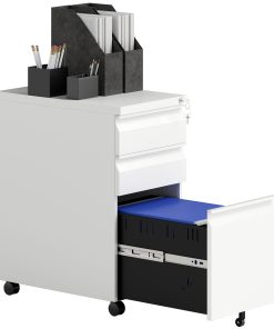 3-Drawer Steel Filing Cabinet with Lock and Wheels - White