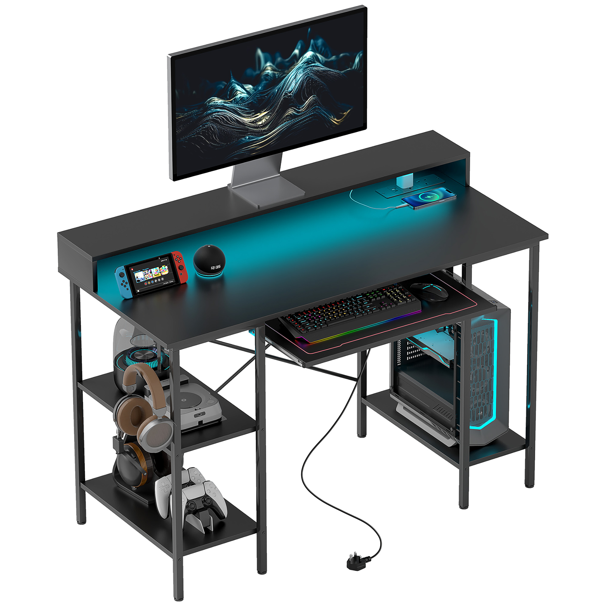 Reversible Computer Desk with LED Lights and Power Outlets, 120 x 55 cm Gaming Desk with Monitor Stand, Sliding Keyboard Tray and Storage Shelves, Industrial Home Office Desk, Black