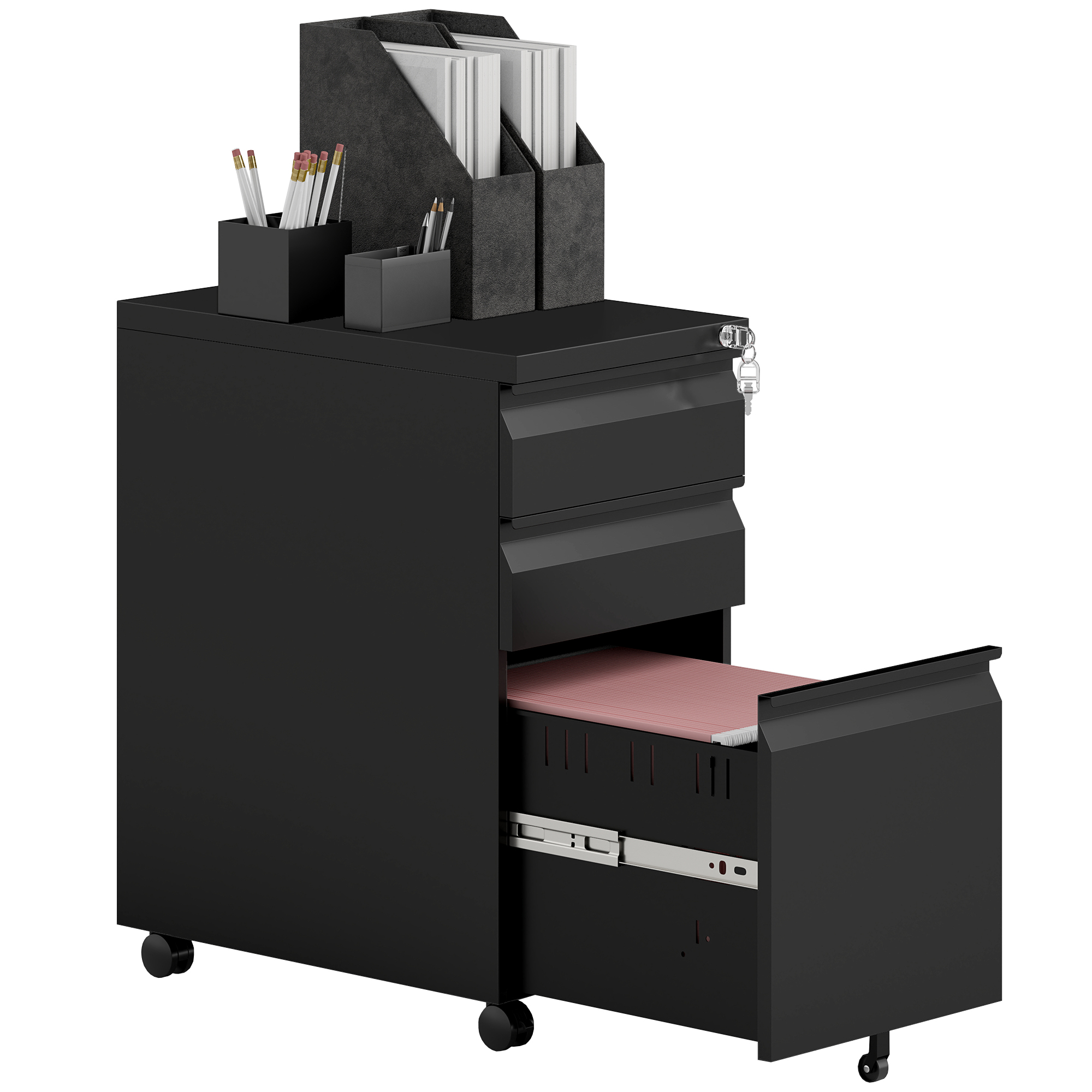 3-Drawer Steel Filing Cabinet with Lock and Wheels - Black