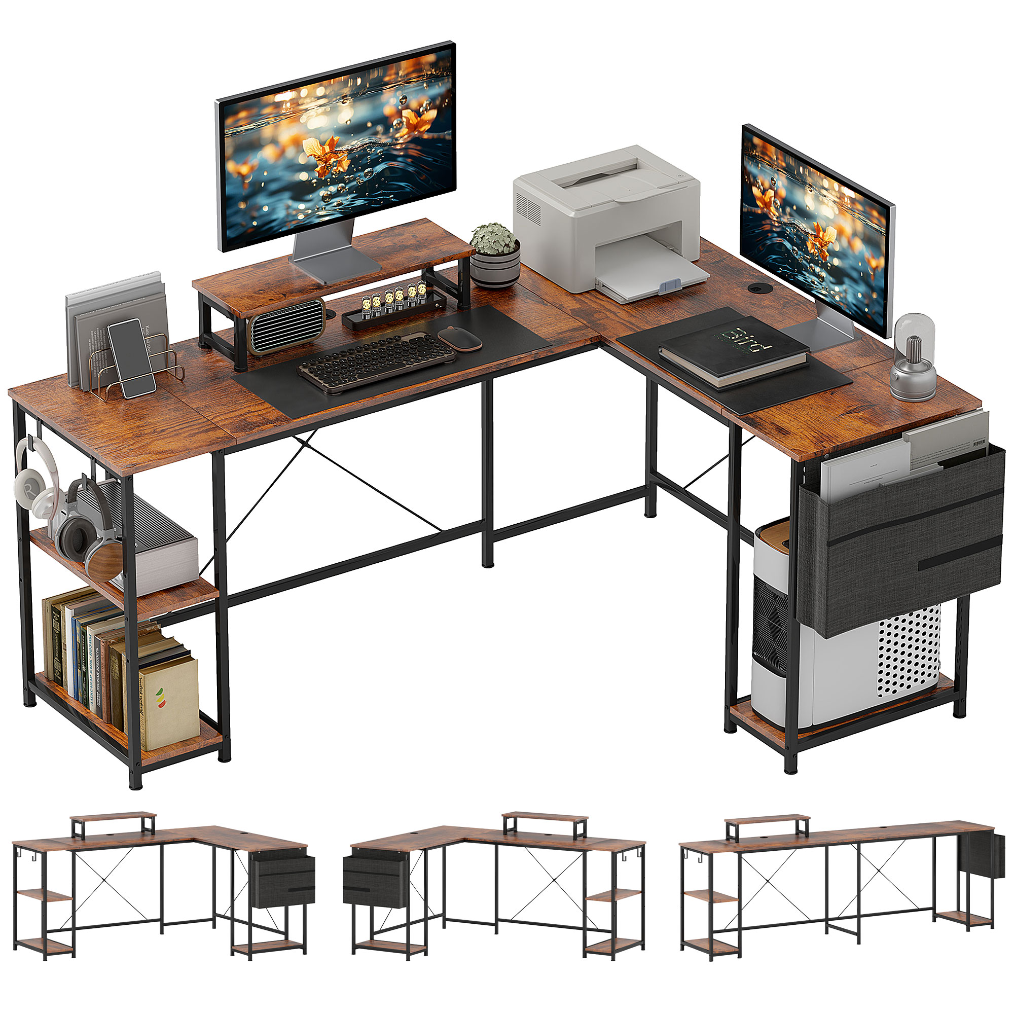 168cm Reversible L Shaped Desk, Industrial Corner Computer Desk with Adjustable Shelf and Storage Bag, 240cm 2 Person Desk with Monitor Stand, Rustic Brown