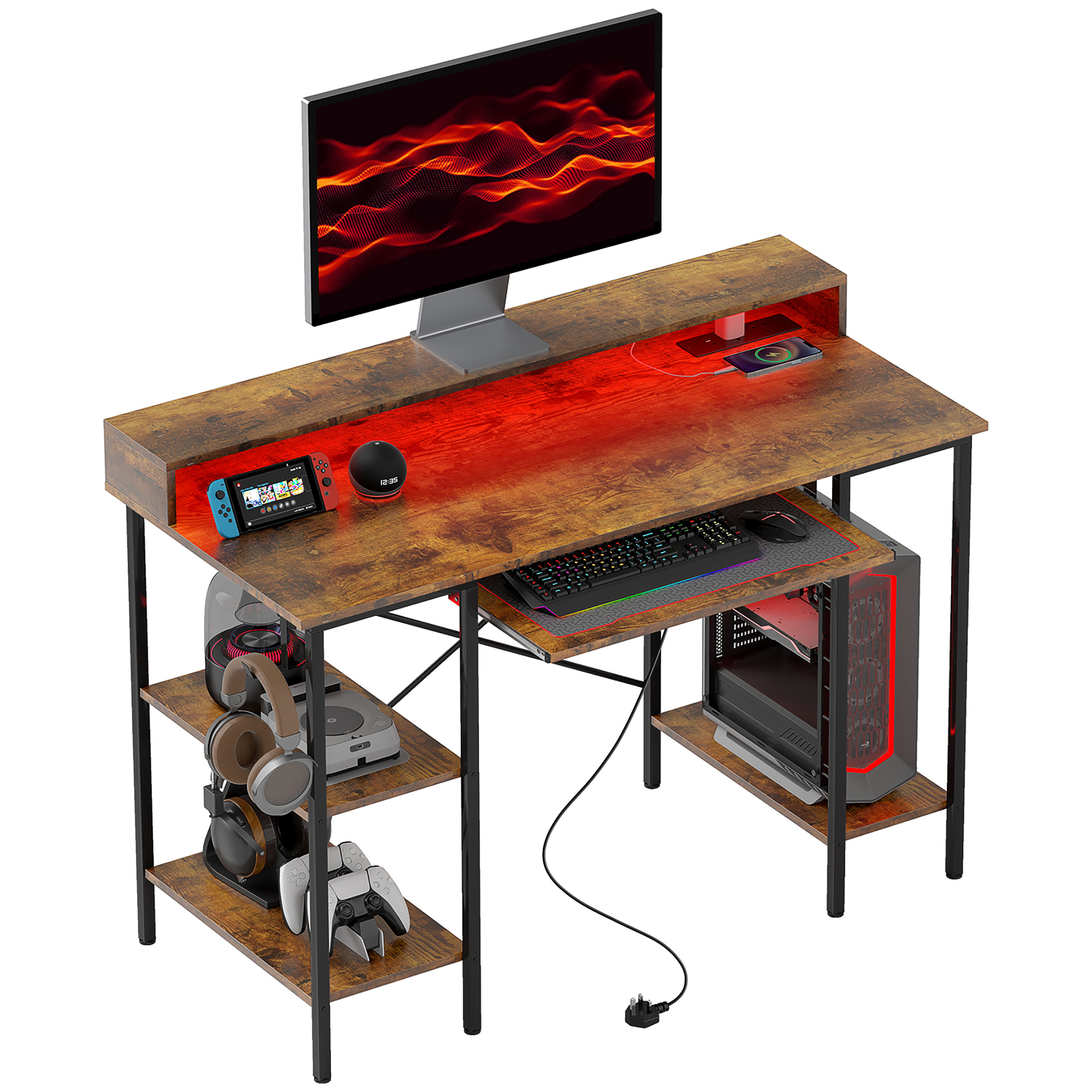 Reversible Computer Desk with LED Lights and Power Outlets, 120 x 55 cm Gaming Desk with Monitor Stand, Sliding Keyboard Tray and Storage Shelves, Industrial Home Office Desk, Rustic Brown