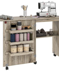 Folding Sewing Table, Drop Leaf Craft Table with Storage Bins, Open Shelf and Wheels, Rolling Sewing Machine Cabinet Computer Desk for Small Space, Grey