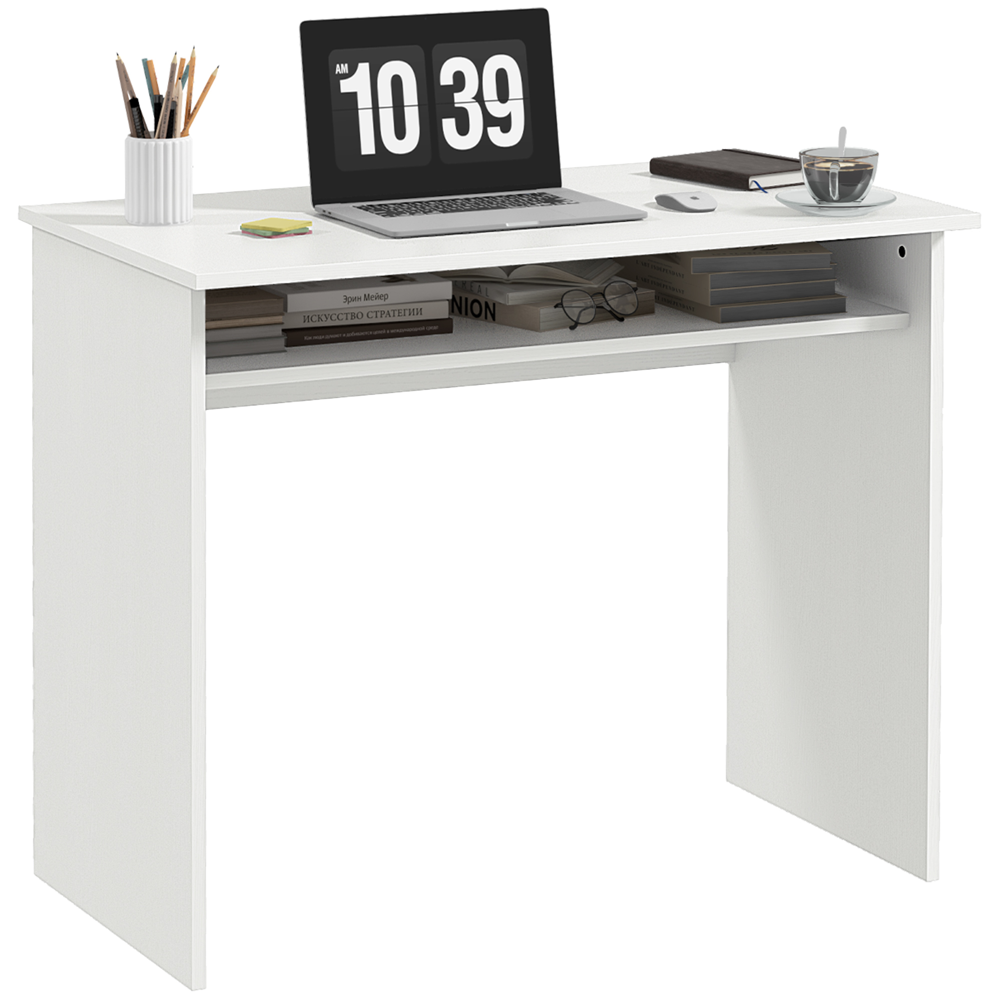 Modern Computer Desk, Home Office Table, Small Writing Desk with Storage Shelf, 90 x 50cm, White Wood Grain