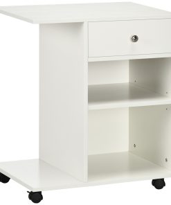 Mobile Printer Stand Rolling Cart Desk Side with CPU Stand Drawer Adjustable Shelf and Wheels 60cmx40cmx68.5cm White