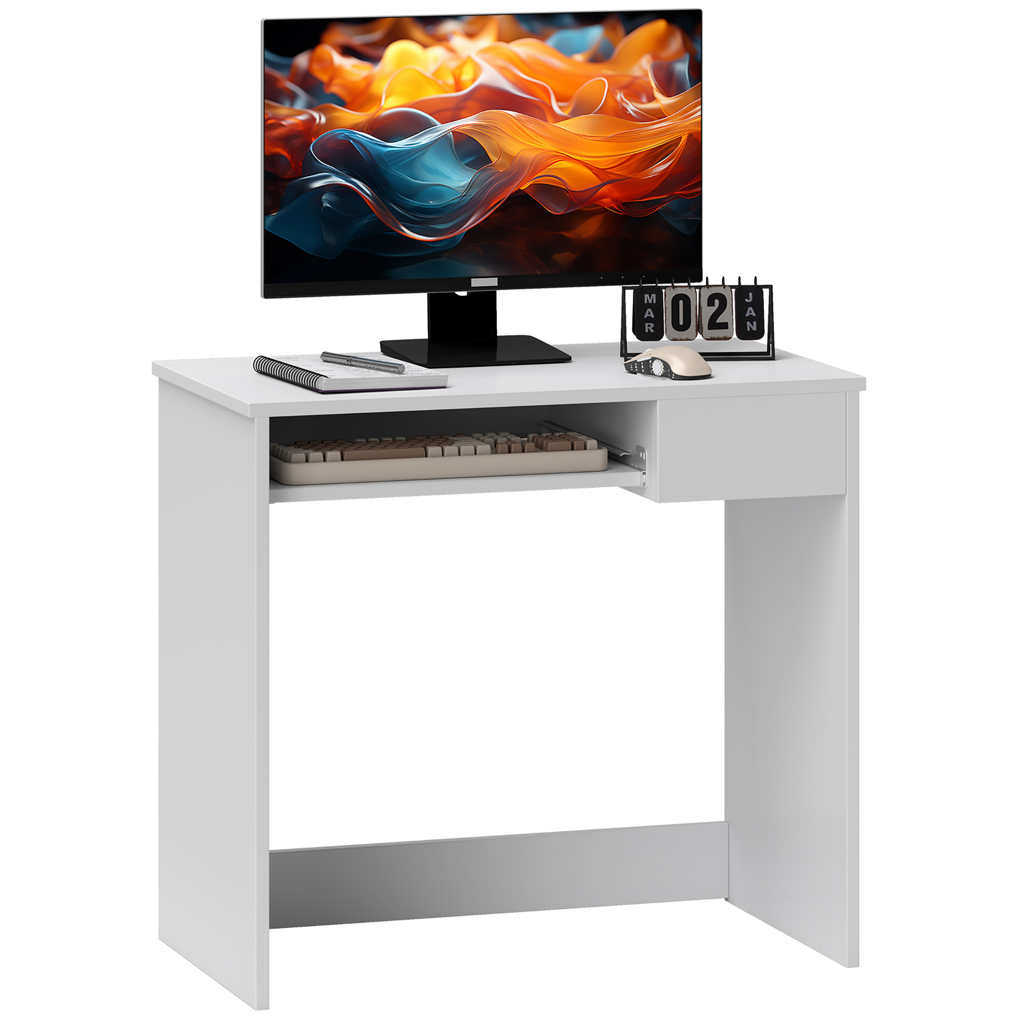 Compact Computer Desk with Keyboard Tray, Home Office Desk with Drawer for Bedroom Study, White
