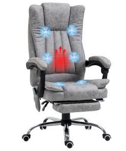 Office Chair with Massage and Heat, Microfibre Reclining Computer Desk Chair with Footrest and Adjustable Height, Swivel Wheels for Home Office, Grey