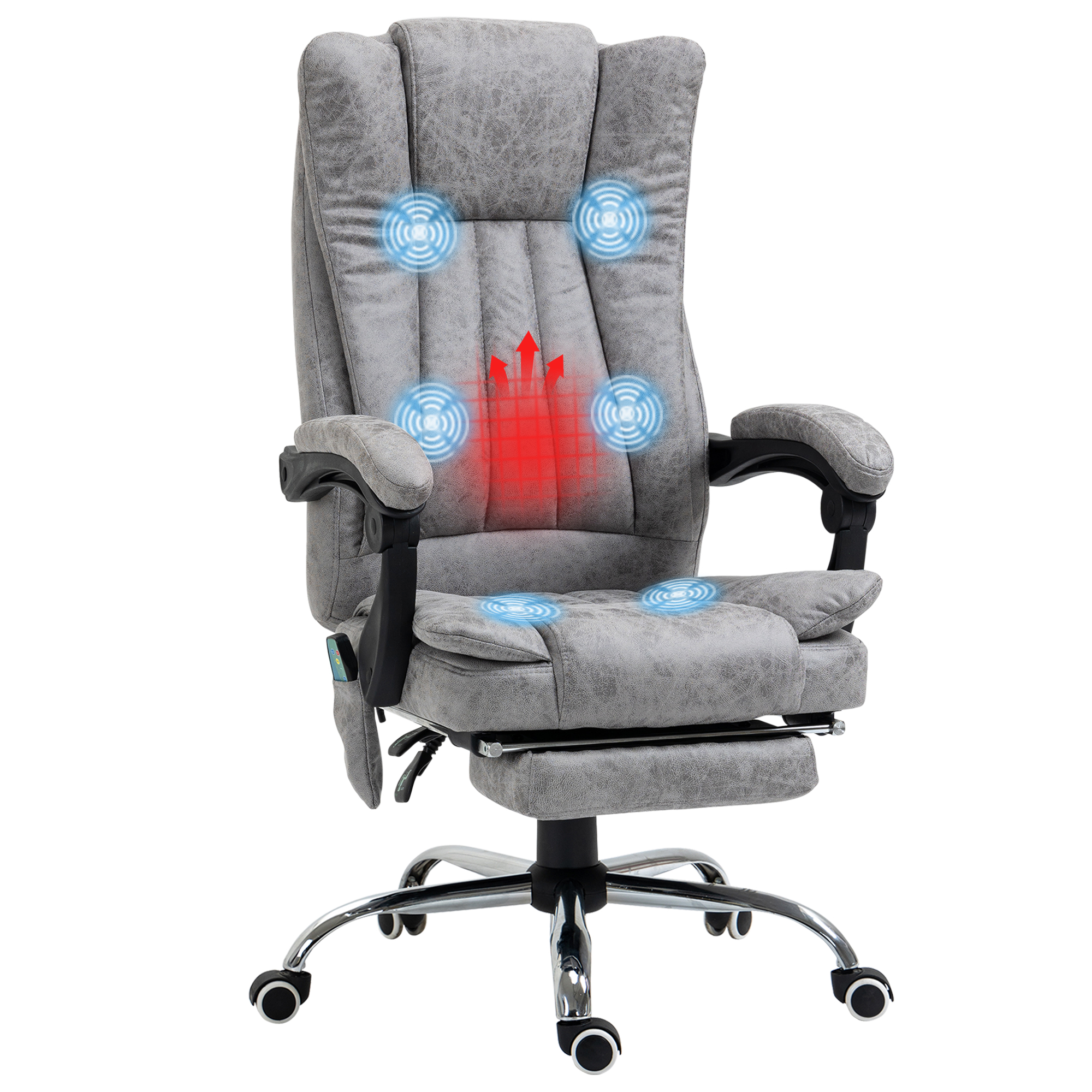 Office Chair with Massage and Heat, Microfibre Reclining Computer Desk Chair with Footrest and Adjustable Height, Swivel Wheels for Home Office, Grey