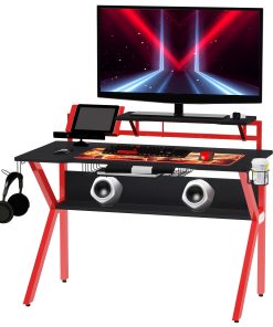 Gaming Desk, Computer Table with Monitor Stand, Cup Holder, Headphone Hook, Wire Basket and Metal Frame, 120cm, Red