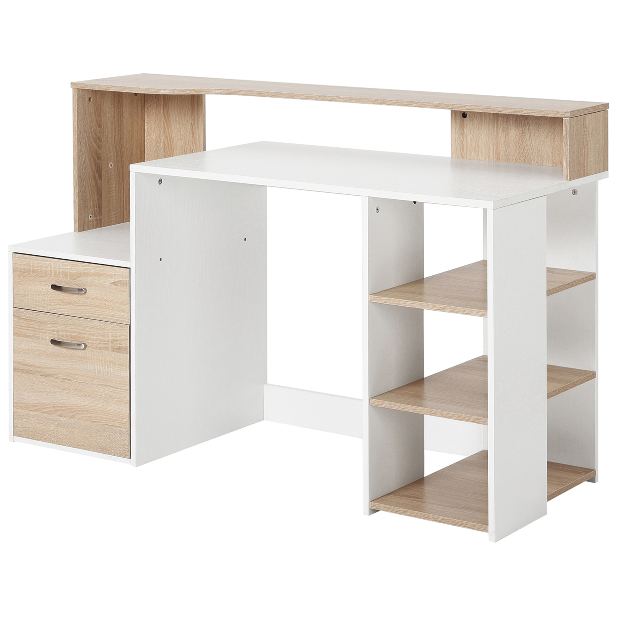 Computer Desk with Drawers and Storage Shelves, Reception Desk, Study Workstation for Home Office, 137 x 55 x 92cm, Oak and White