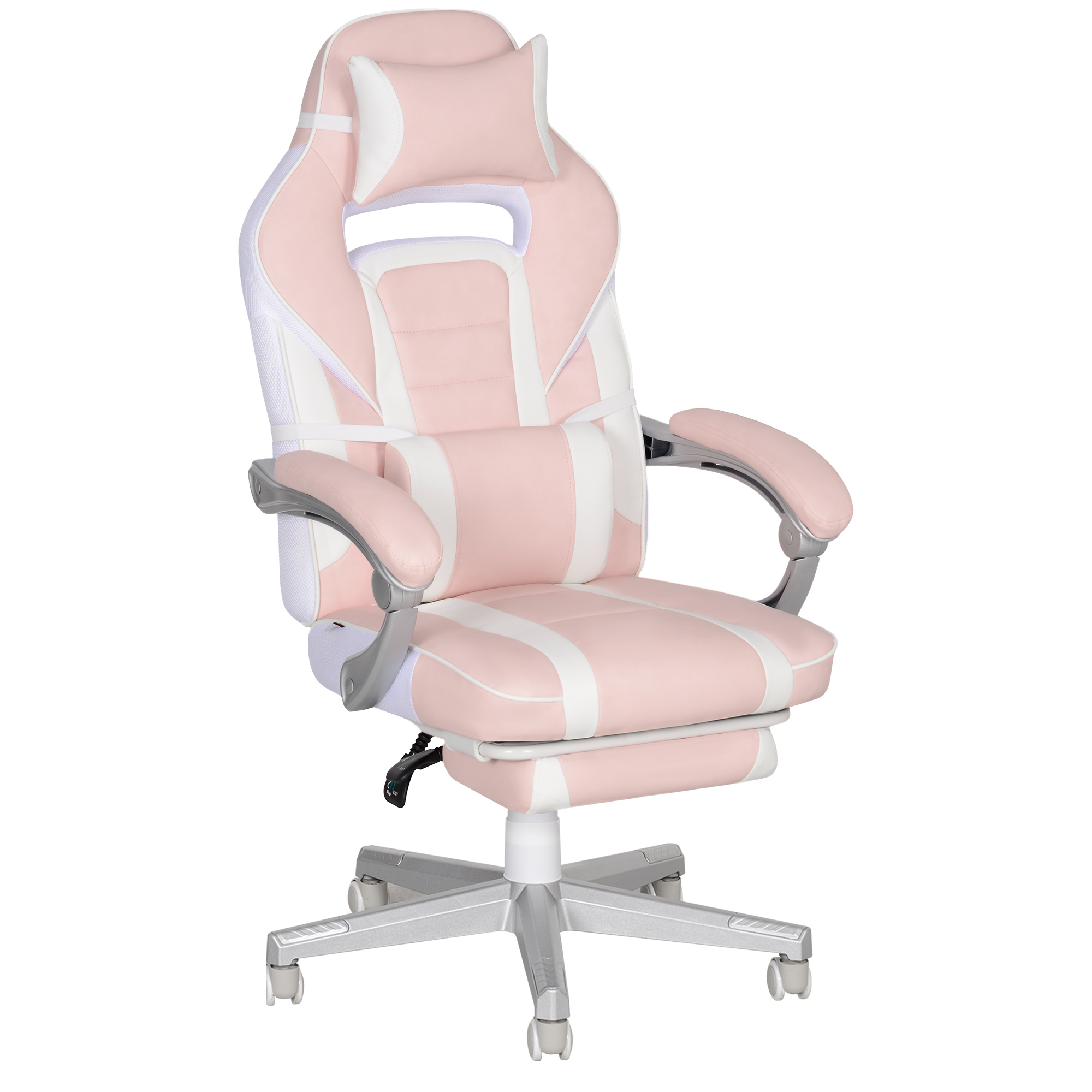 Faux Leather Reclining Gaming Chair, with Footrest - Pink/White