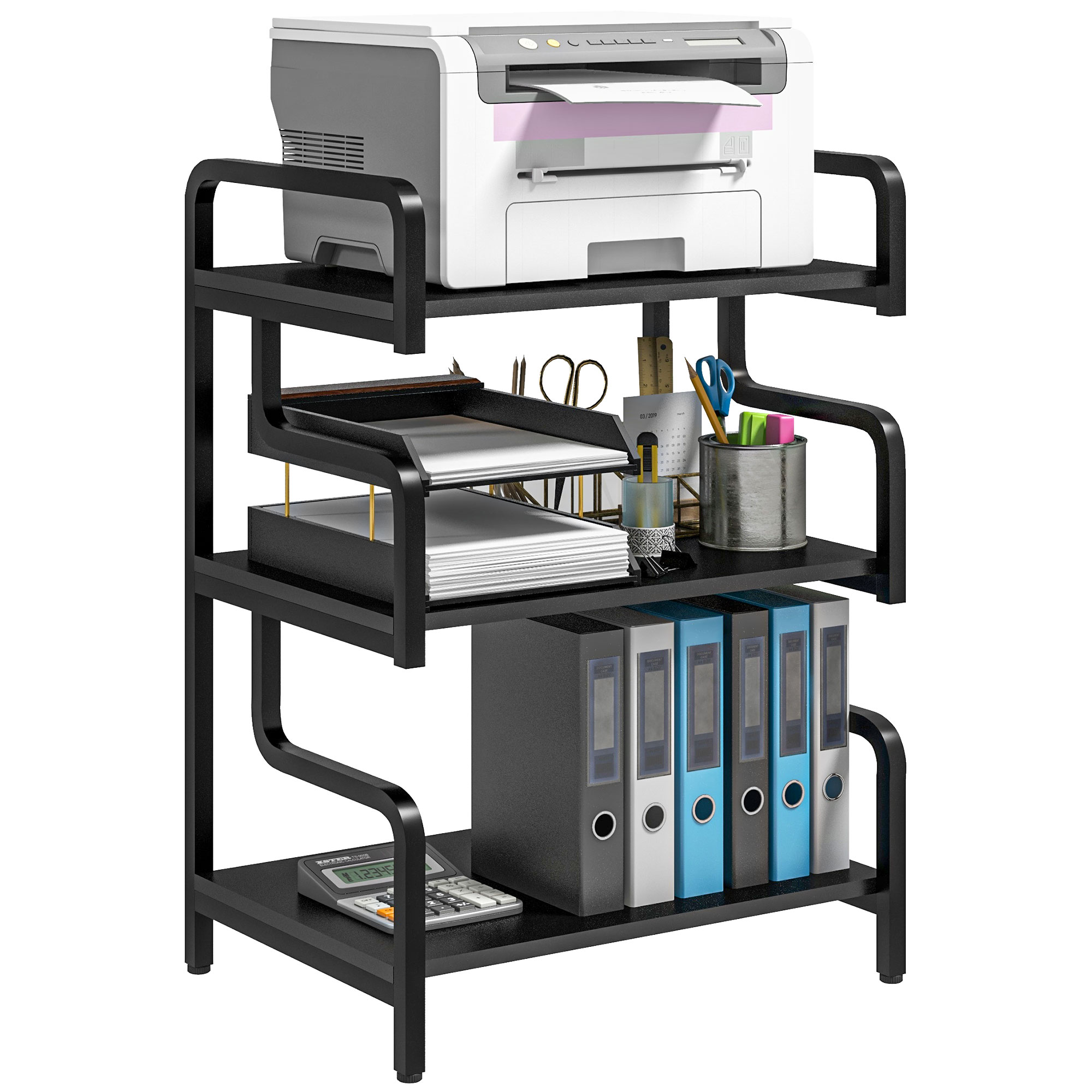 3-Tier Printer Stand with Storage Shelves, Printer Table, 55 x 40 x 77cm Printer Shelf for Home Office, Study, Black