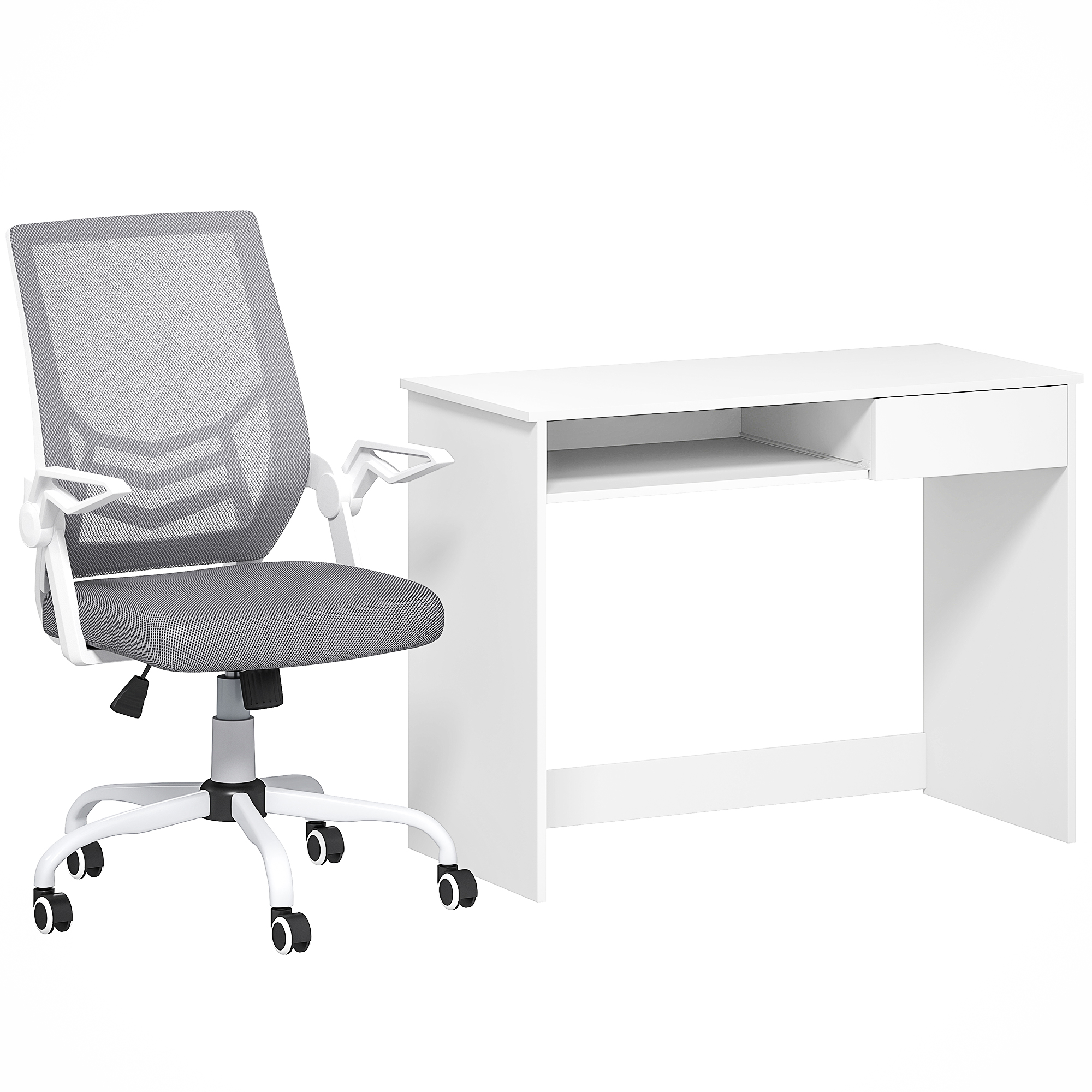 Home Office Chair and Computer Desk Set, Mesh Chair with with 90° Flip-up Armrest, Study Desk with Keyboard Tray and Drawer, White and Grey