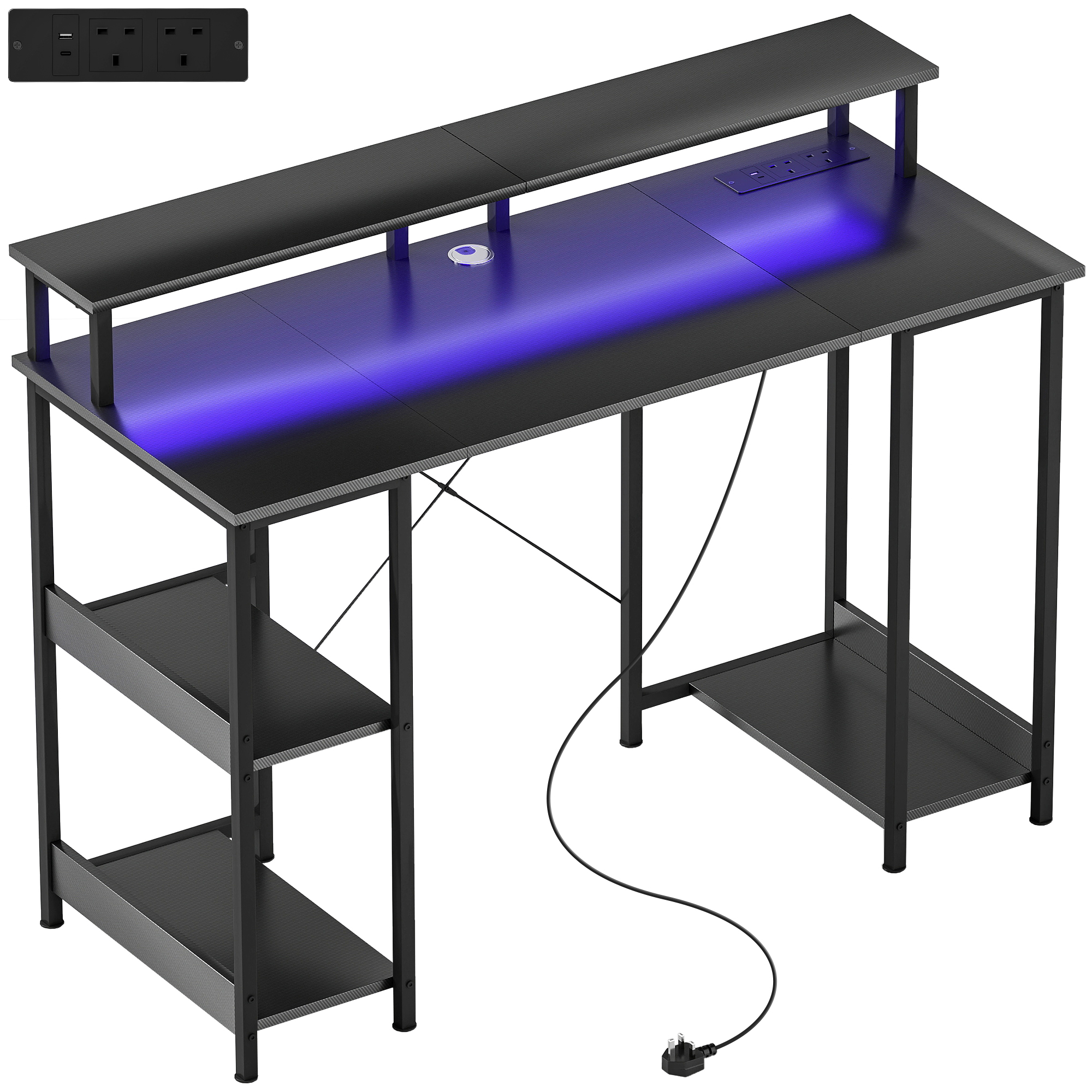 LED Computer Desk, with Power Outlets and Shelves - Carbon Fibre Grey