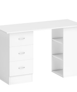 Computer Desk, Writing Table, PC Workstation with 3 Storage Shelves and Drawers, Silver Handle, for Home Office, White