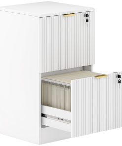 Filing Cabinet, Fluted Vertical File Cabinet with 2 Lockable Drawers and Hanging Rails, White