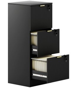 Filing Cabinet, Fluted Vertical File Cabinet with 3 Lockable Drawers and Hanging Rails, Black