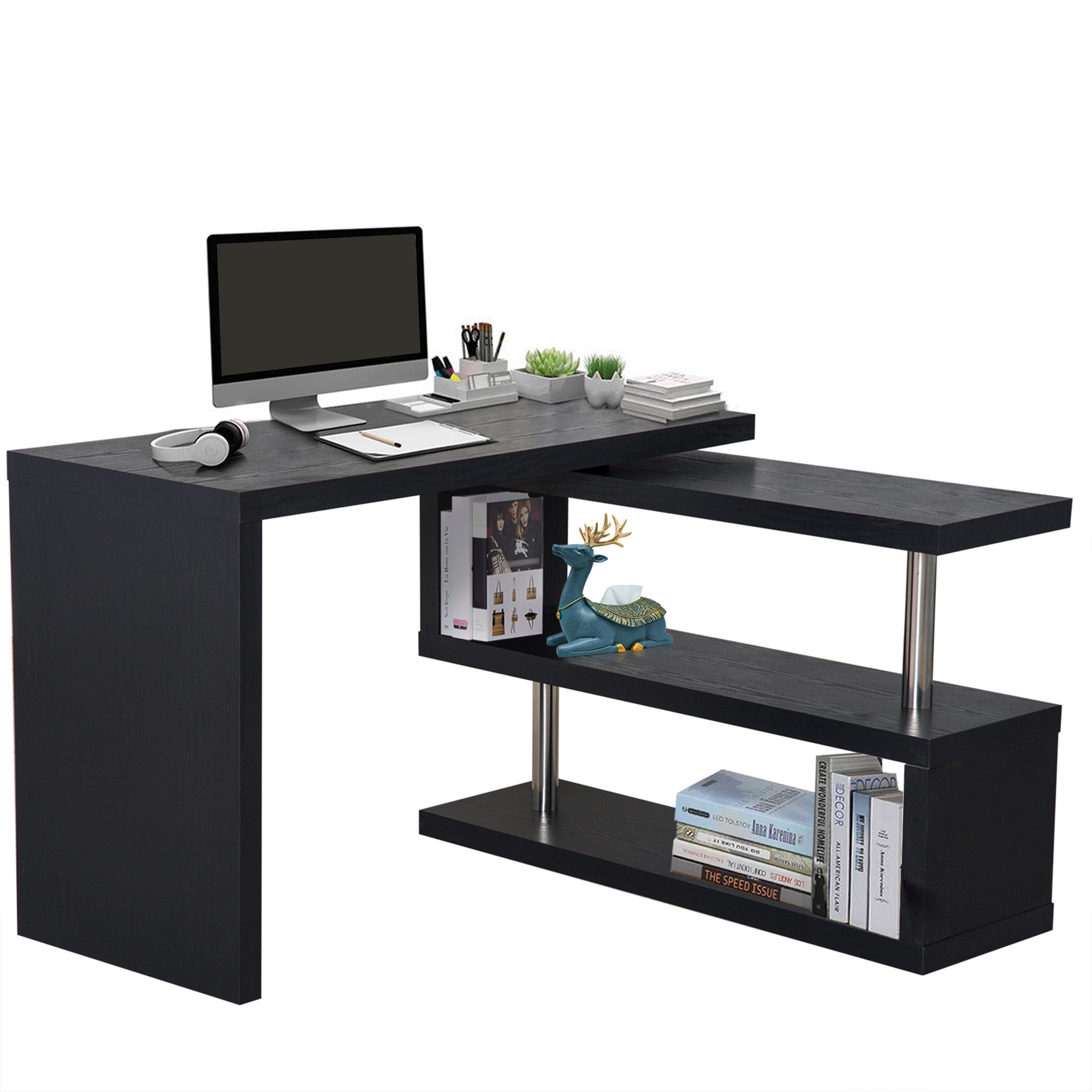 L Shaped Desk with 360° Rotating Storage Shelves, Corner Computer Desk, Space Saving Study Table for Home Office, Black
