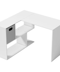 Corner Desk, Computer Desk with Fabric Drawer and Open Compartments, 110 x 100 x 75 cm, White