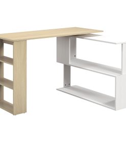 L-shaped desk modular computer desk built-in bookcase + 3-tier shelf white and natural wood
