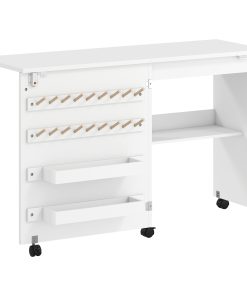 Folding Sewing Table, Rolling Craft Table with Storage compartments, Shelf and Lockable Casters for Small Spaces, White