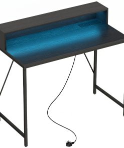 Gaming Desk, 100cm Computer Desk with LED Lights, Power Outlets, Monitor Stand and Remote, Black Wood-Effect