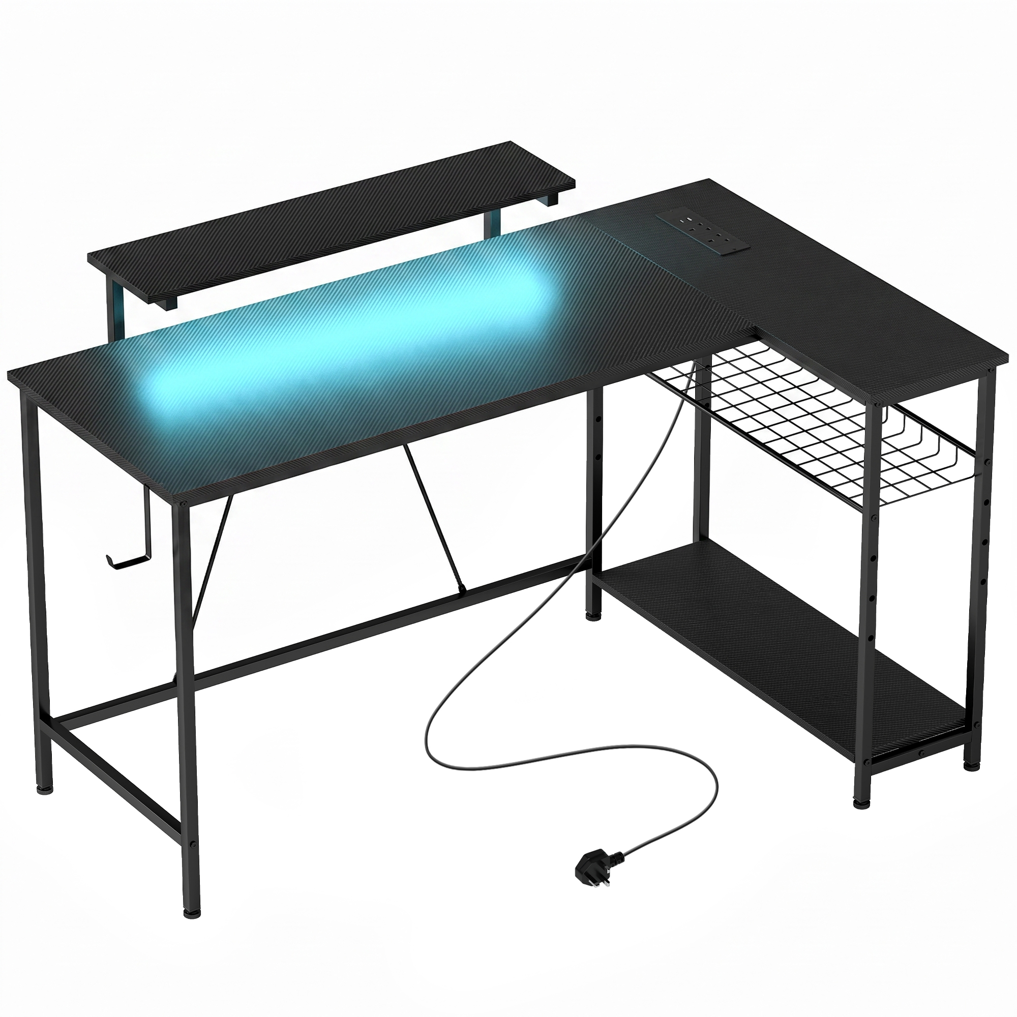 Reversible 'L' LED Light Gaming/Work Desk - Black