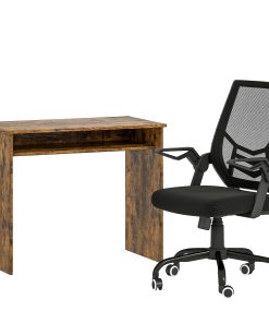 Modern Home Office Furniture Set, Computer Desk with Storage Shelf and Ergonomic Mesh Chair with Flip-Up Armrests, Lumbar Support, Adjustable Height, Rustic Brown and Black