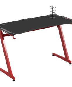 142 x 66 cm Gaming Desk, Carbon Fibre Covered Computer Desk, Gamer Workstation with Headphone Hook, Cup Holder and Gamepad Storage Rack, Black and Red
