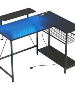 114.5 cm L-Shaped Gaming Desk, Computer Desk with LED Lights, Power Station and Adjustable Mesh Shelf , Black