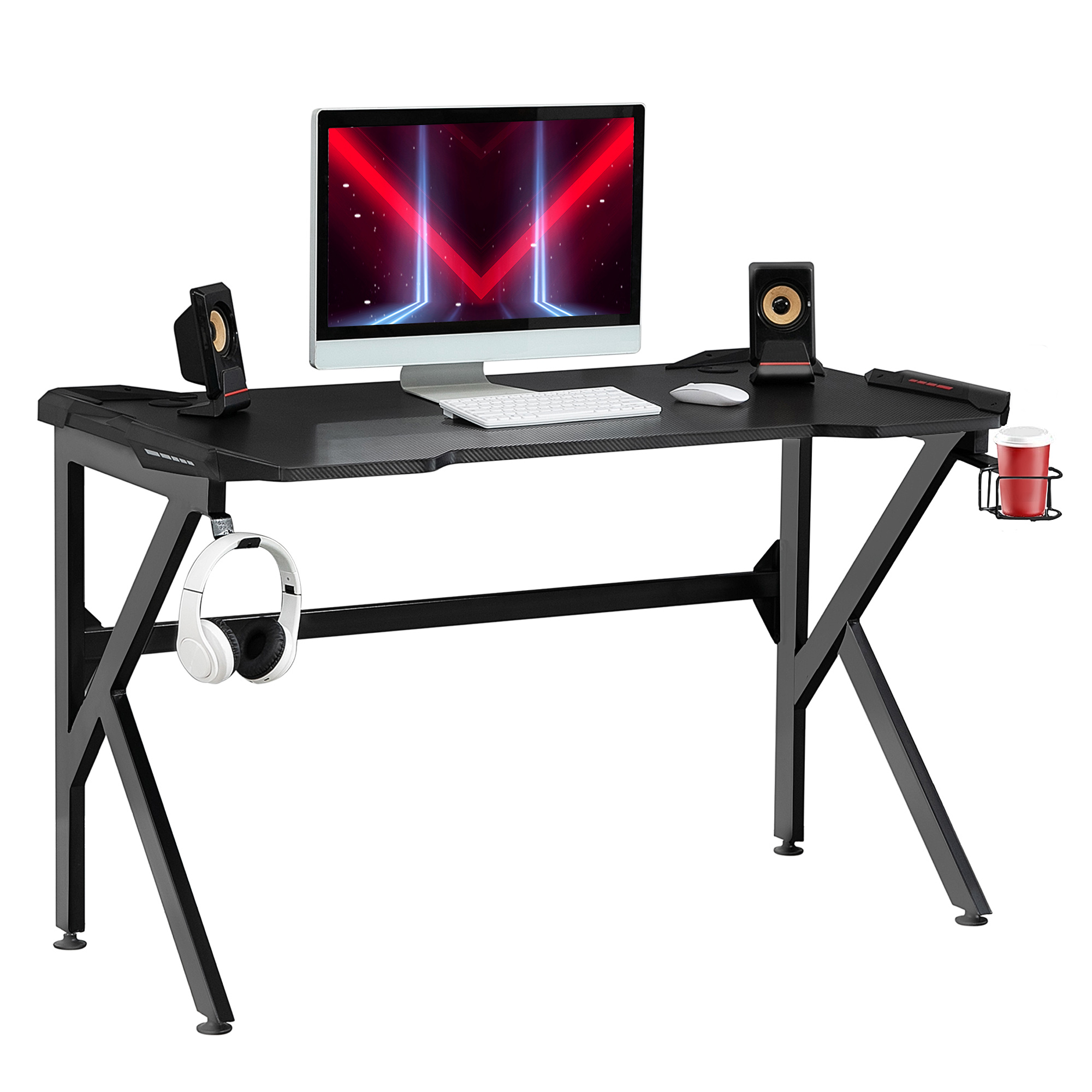 Gaming desk with Cup Holder Headphone Hook Feet Adjustable 120 x 66 x 75cm Black